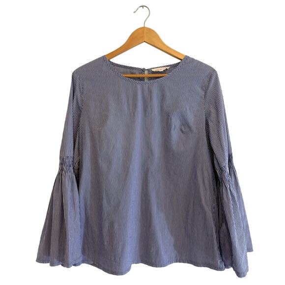 Solitaire Women’s Large Blouse Blue White Stripe Long Bell Sleeve Cotton Blend - Picture 1 of 6